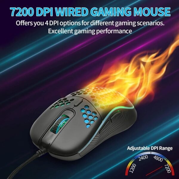 Mouse Honeycomb para jogos com fio com interruptor liga/desliga RGB, 7200 DPI ajustável, design ergonômico leve e sensor de alta precisão para jogadores de PC/Mac (preto) - Imagem 3