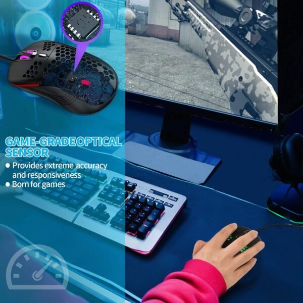 Mouse Honeycomb para jogos com fio com interruptor liga/desliga RGB, 7200 DPI ajustável, design ergonômico leve e sensor de alta precisão para jogadores de PC/Mac (preto) - Imagem 6