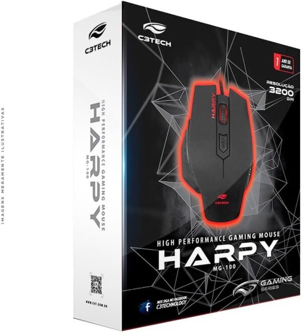 C3Tech Mouse Gamer com fio MG-100BK Harpy Iluminacao LED ergonômico 6 botões 3200 dpi USB Gold Cabo de nylon - Imagem 3