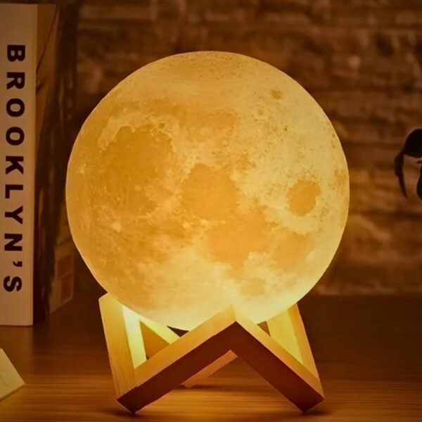 Luminária Lua Cheia 3D 15cm LED USB com Suporte de Madeira – Abajur Decorativo com Toque e Cores RGB - Imagem 3