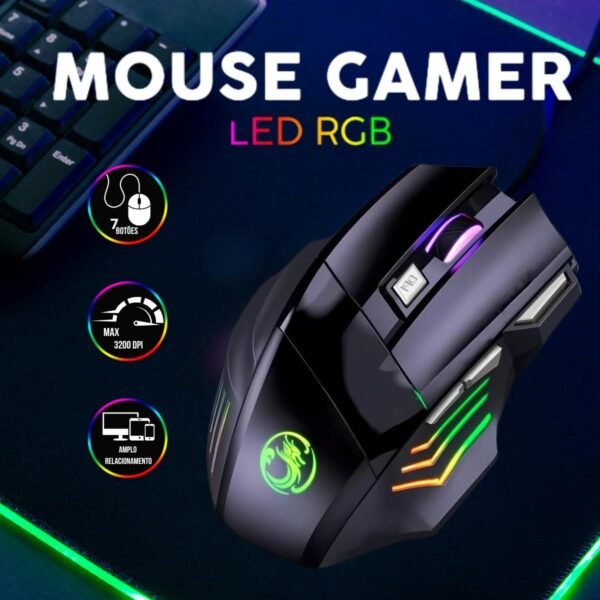 Mouse Gamer 3200 DPI de Alta Precisão Com 7 Botões Programáveis e Cabo Reforçado Sensor Gamer Super Veloz Para Jogos Trabalho Estudos, LED RGB Ergonômico Com Tecnologia Non Slip - Imagem 3