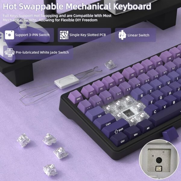 ATTACK SHARK X85 Teclado de jogo mecânico sem fio com botão Hot Swappable Side Print PBT Keycaps 75% Teclado de vedação RGB Cabo enrolado Linear Branco Jade Switch para PC/MAC/Win-Roxo - Imagem 4
