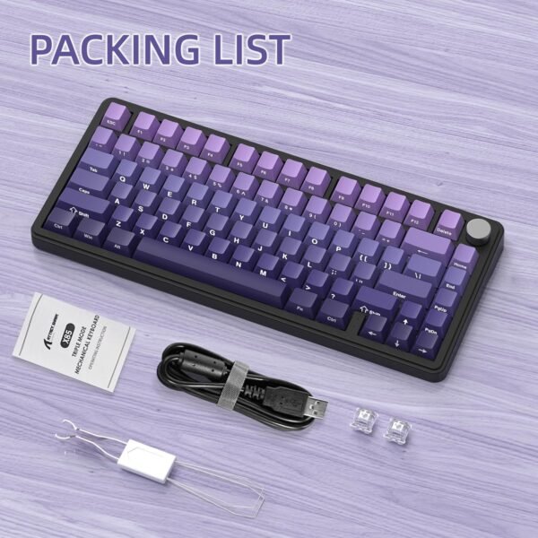 ATTACK SHARK X85 Teclado de jogo mecânico sem fio com botão Hot Swappable Side Print PBT Keycaps 75% Teclado de vedação RGB Cabo enrolado Linear Branco Jade Switch para PC/MAC/Win-Roxo - Imagem 8