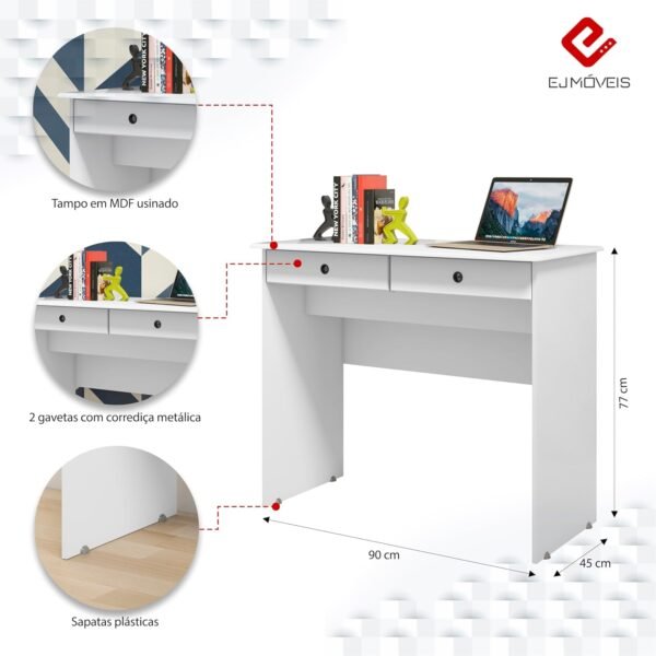 Escrivaninha Bancada para Notebook Quarto Mesa de Computador Home Office Estudo Estação de Trabalho com 2 Gavetas (Branco) - Imagem 3