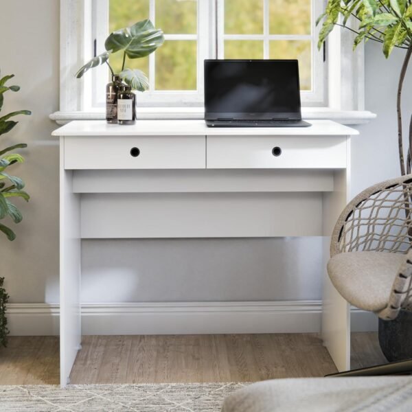 Escrivaninha Bancada para Notebook Quarto Mesa de Computador Home Office Estudo Estação de Trabalho com 2 Gavetas (Branco) - Imagem 4