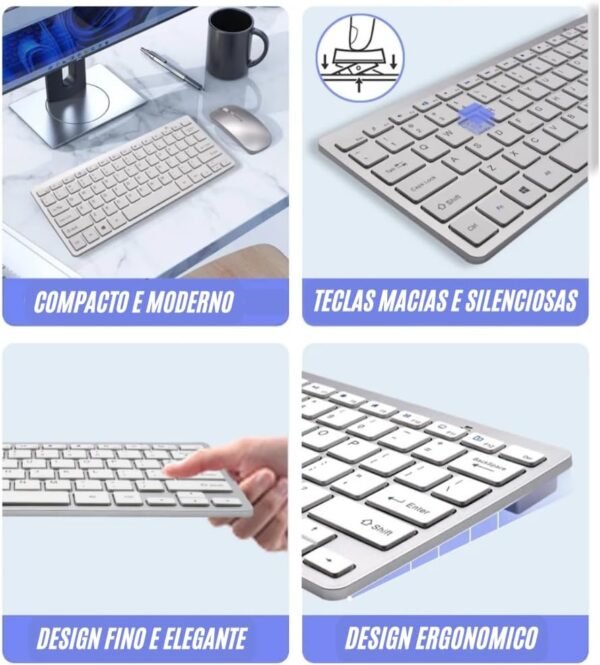 Kit Teclado e Mouse Sem Fio Bluetooth - ABNT2, Compatível com Windows, Android, iOS, PC, Notebook, Tablet e iPad, Slim, Ergonômico, Branco/Prata, Para Escritório e Estudos - Imagem 3