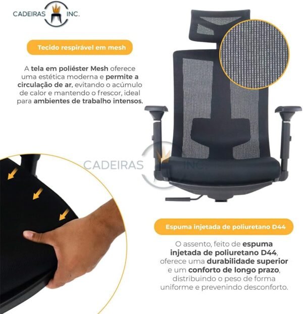 Cadeira de Escritório Presidente Ergonômica Premium Executiva Zen Com Apoio de Pés, Apoio de Cabeça Ajustável, Sistema Relax com Trava em até 4 posições, Suporta 180kg - Imagem 3