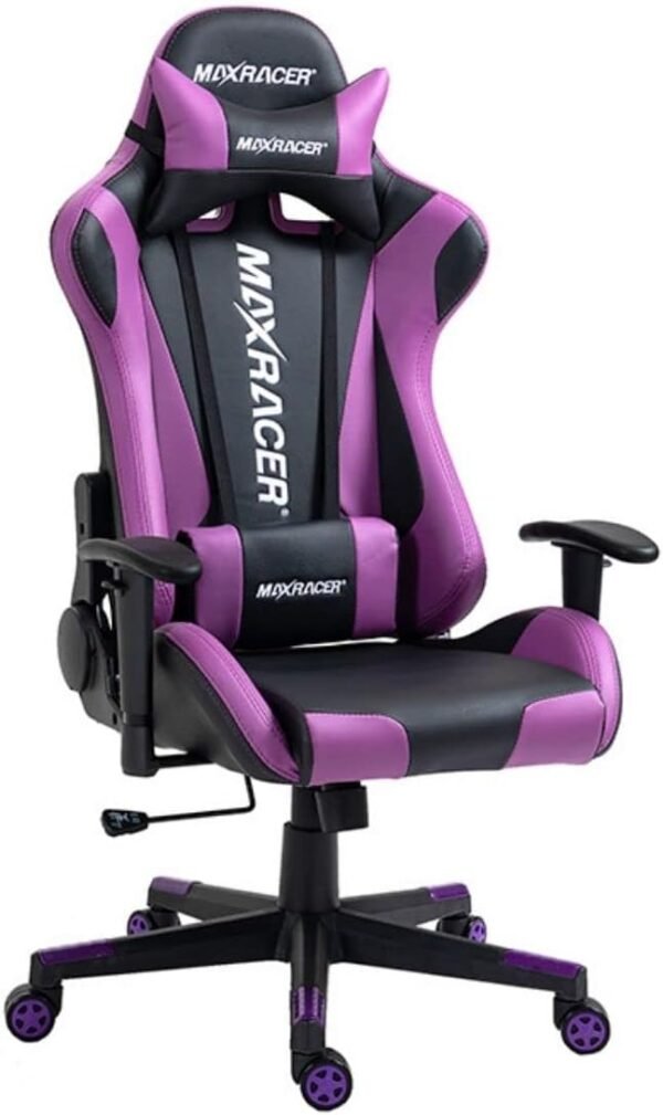 MAX RACER - Cadeira Gamer Skilled - Poltronas Gamer de Aço, Cadeira Ergonômica para Jogos - Suporta 150kg, Braços 1D, Tecido Sintético PVC, Inclinação 180°, Almofada Cervical e Lombar - Roxa - Imagem 3