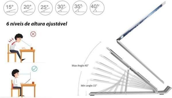 Base Suporte Notebook De Mesa Ergonômico Regulável Laptop Portátil Dobrável Ajustável Home Office Antiderrapante Compacto Apoio Regulagem Altura Tablet Celular Netbook Funcional 6 - Imagem 3