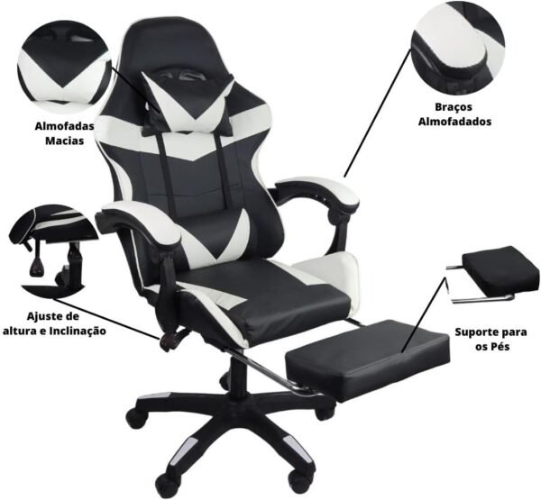 Cadeira Gamer Stillus Ergonômica Com Apoio Para Os Pés - Preta/Branca - Imagem 4