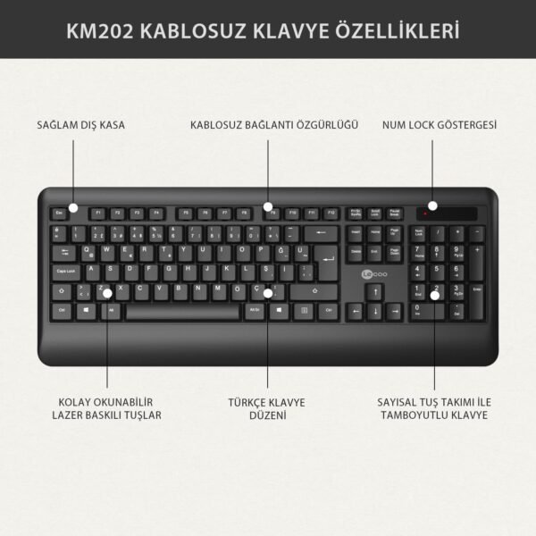 Combo Teclado e Mouse sem fio Lecoo KW202BK Preto Layout ABNT2 Ergonomico anti respingo mouse ambidestro e ergonômico alcance de 10 metros com nano USB Plug and Play wi-fi - Imagem 3