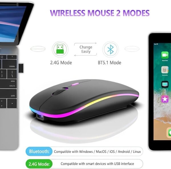 Mouse Sem Fio Rgb Gamer Recarregável Bluetooth Óptico Led Colorido Ergonômico USB 2.4 GHz Alta Precisão Ajuste Dpi - Imagem 5