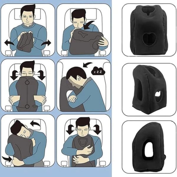 Almofada Viagem Inflável Travesseiro Descanso Dormir Suporte Cabeça Pescoço (Preto) - Imagem 3