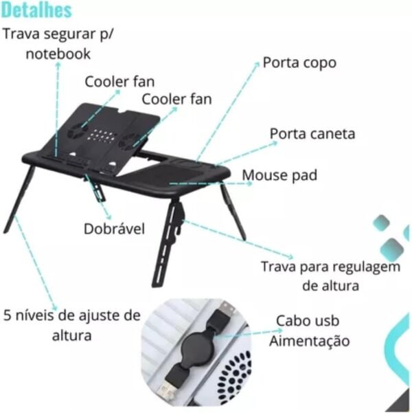 MESA NOTEBOOK APOIO REFRIGERADOR 2 COOLERS VENTILADOR SUPORTE BASE REFRIGERADA CAMA SOFA ERGONOMICA DOBRAVEL ARTICULAVEL - Imagem 4