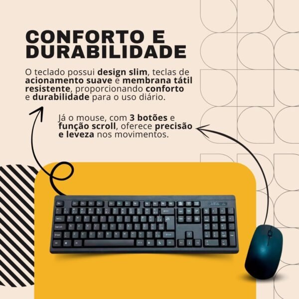 Combo Teclado e Mouse Sem Fio 2.4GHz USB Preto - Teclas Macias, Alta Precisão, Conforto Ergonômico, Ideal para Trabalho e Jogos - Imagem 3