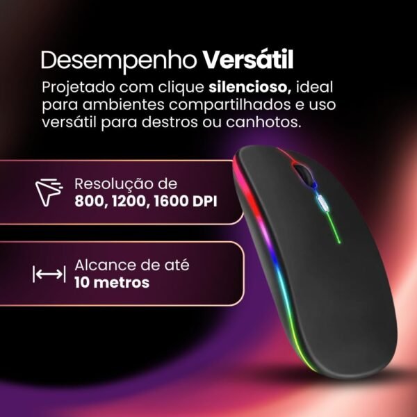 Mouse Sem Fio Recarregável Wireless Bluetooth Óptico LED RGB Colorido Ergonômico 2.4 GHz USB Para Notebook, Computador, PC e Desktop - Linha Premium SellXpert (Preto) - Imagem 3