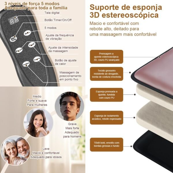 Massageador, Esteira Massageadora, Cadeira Massageadora, Massagem 5 em 1 Corpo Inteiro, 15 Modos de Combinação, Compressa Quente, Tapete De Massagem De Corpo Inteiro, Almofada - Imagem 7