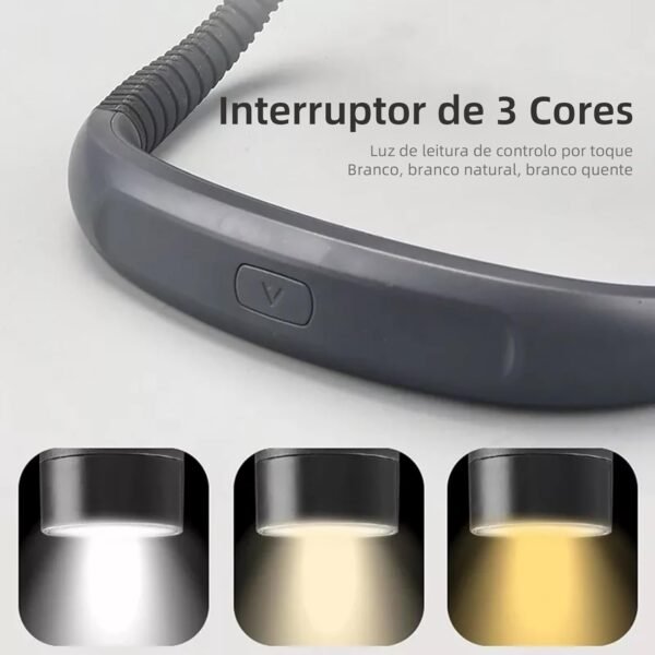 BEMMY Luz de Leitura Recarregável, Luz de Pescoço Dobrável com 3 Cores, Portátil e de Larga Duração para Leitura, Crochê e Costura, 1000mAh (Preto) - Imagem 3