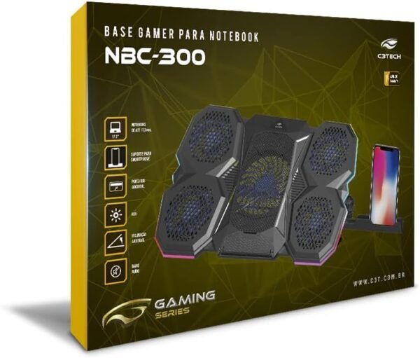 C3Tech Base para Notebook Gamer NBC-300BK ate 17,3" Preto com 5 coolers ventiladores com iluminação RGB na lateriais e painel controlador de funções - Imagem 4