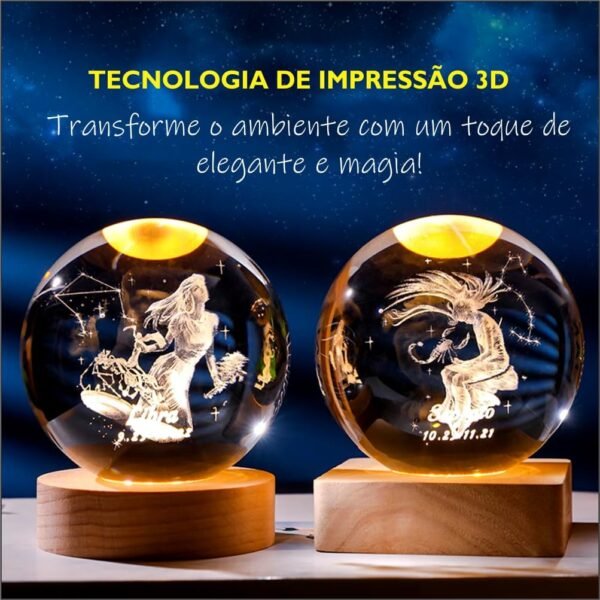 Luminária De Mesa Bola De Cristal 3D Esfera LED Vidro Signo Base Madeira Enfeite Decorativo Casa Quarto (Áries) - Imagem 3