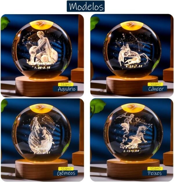 Luminária De Mesa Bola De Cristal 3D Esfera LED Vidro Signo Base Madeira Enfeite Decorativo Casa Quarto (Áries) - Imagem 4
