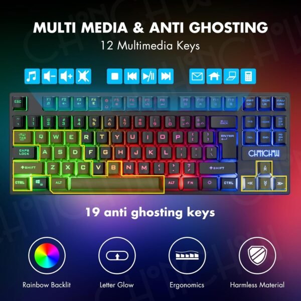 CHONCHOW Combo de teclado e mouse para jogos sem fio, teclado recarregável com iluminação LED de 87 teclas, mouse ergonômico para jogos sem fio, retroiluminado para Xbox PS4 PC e laptop - Imagem 4