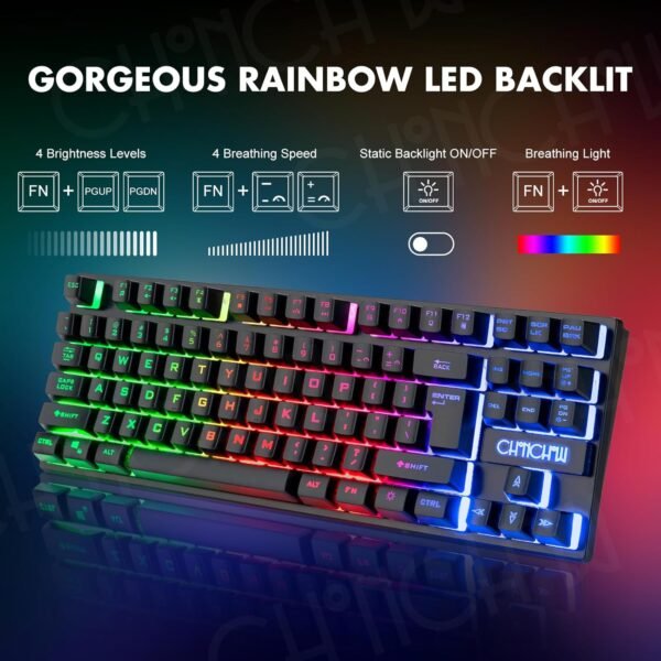 CHONCHOW Combo de teclado e mouse para jogos sem fio, teclado recarregável com iluminação LED de 87 teclas, mouse ergonômico para jogos sem fio, retroiluminado para Xbox PS4 PC e laptop - Imagem 5