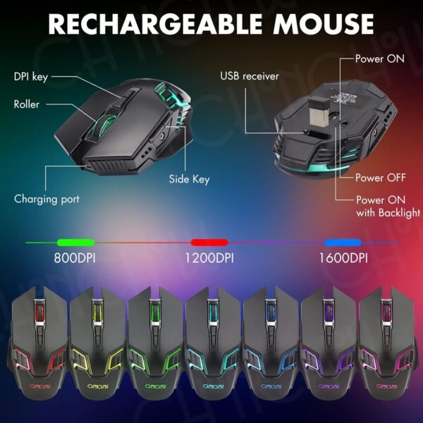 CHONCHOW Combo de teclado e mouse para jogos sem fio, teclado recarregável com iluminação LED de 87 teclas, mouse ergonômico para jogos sem fio, retroiluminado para Xbox PS4 PC e laptop - Imagem 6