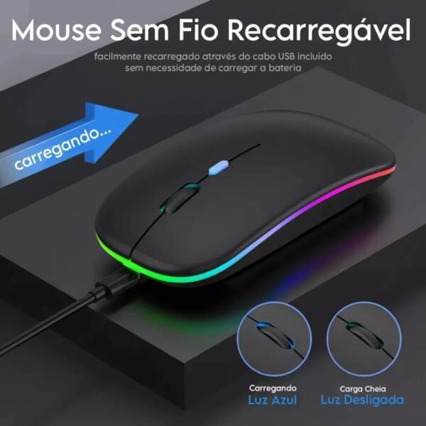 Mini Mouse Sem Fio Recarregável com Led RGB, Design Ergonômico e Conectividade USB 2.4 GHz para Notebook, PC, Desktop, Laptop e TV Smart Shaolong® (Preto) - Imagem 3