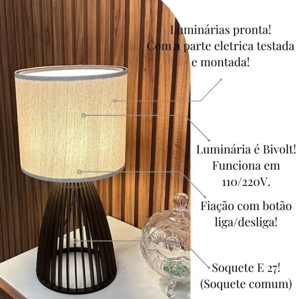 Abajur Luminária Mesa Sile 41 Cm Decorativo Com Fiação Bivolt 110/220V Com Cúpula Estrutura Madeira MDF Cor Imbuia - Imagem 3