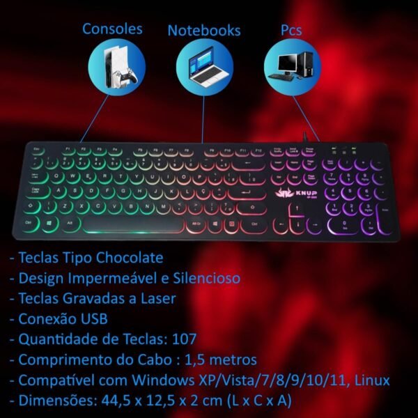 Kit Gamer Teclado Teclas Redondas Tipo Chocolate Led RGB e Mouse Ergonomico Colmeia 7 Botões 7200 Dpi Sensor A725F Led RGB - Imagem 3