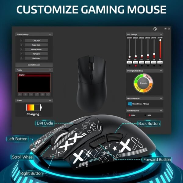 Mouse Sem Fio Gamer R1 18000dpi Paw3311 Tri Mode 1000hz, Pixart Paw3311 Ultraleve 3 Conexões (Preto) - Imagem 6