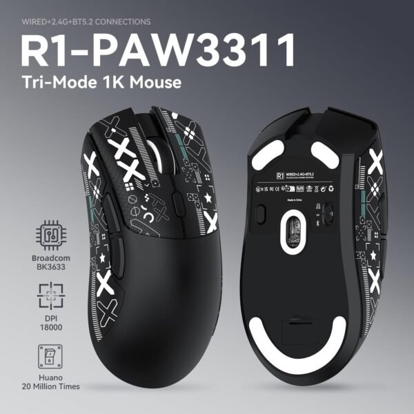 Mouse Sem Fio Gamer R1 18000dpi Paw3311 Tri Mode 1000hz, Pixart Paw3311 Ultraleve 3 Conexões (Preto) - Imagem 9