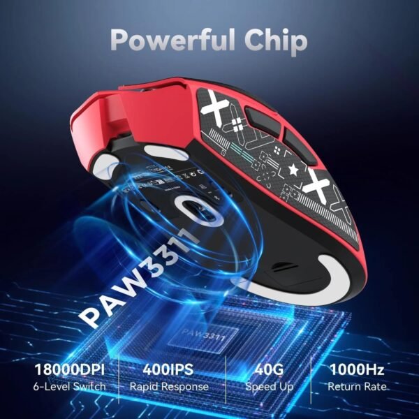 Mouse Sem Fio Gamer R1 18000dpi Paw3311 Tri Mode 1000hz, Pixart Paw3311 Ultraleve 3 Conexões (Vermelho) - Imagem 6