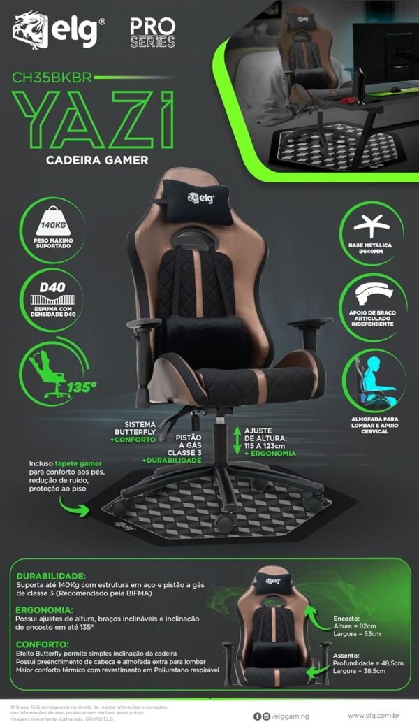 Cadeira Gamer com Tapete Yazi Conforto Premium com Espuma D40, Reclinável, Braços e Encosto Ajustáveis - CH35BKBR ELG - Imagem 6