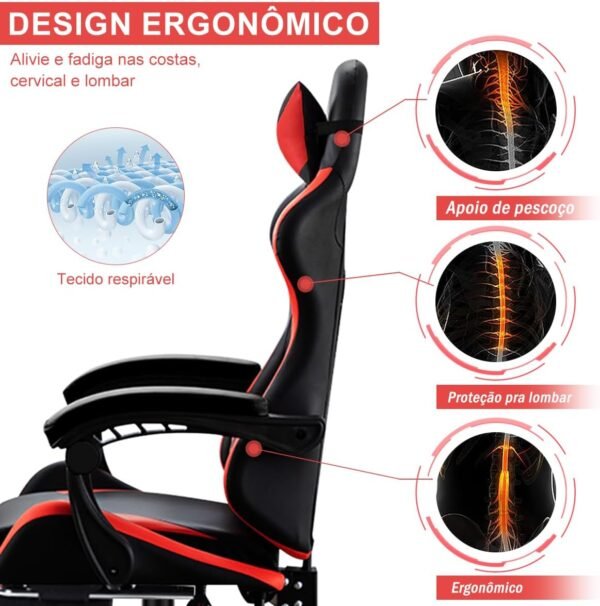 Cadeira Ergonomica Gamer Com Apoio Para Os Pés Vermelho - Imagem 5