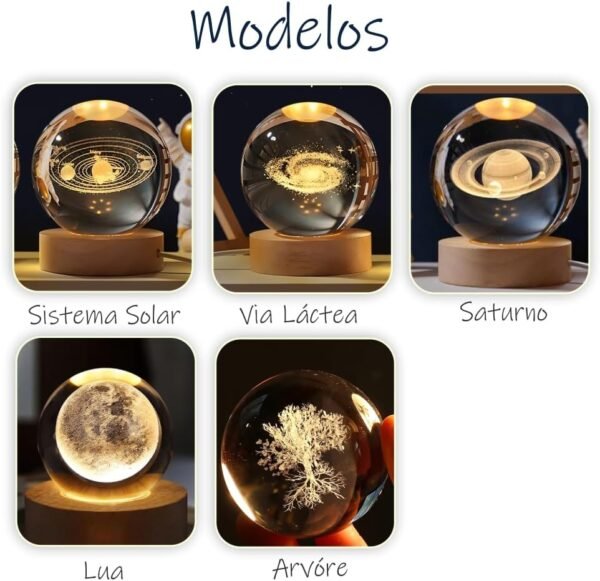 Luminária De Mesa Bola De Cristal Esfera Grande Planeta Terra Galáxia Via Lactea Saturno Lua LED Base Madeira Enfeite Decorativo Casa (Saturno) - Imagem 3