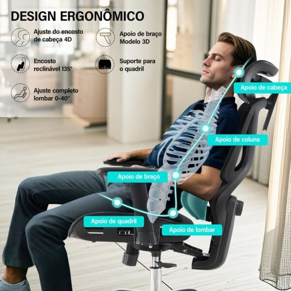 Cadeira Ergonômica com Suporte Lombar Adaptativo Apoio de Cabeça e Braços Ajustáveis Reclinável 135° Malha Respirável - Imagem 3