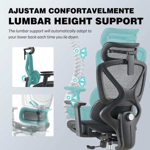 Cadeira Ergonômica com Suporte Lombar Adaptativo Apoio de Cabeça e Braços Ajustáveis Reclinável 135° Malha Respirável - Imagem 4