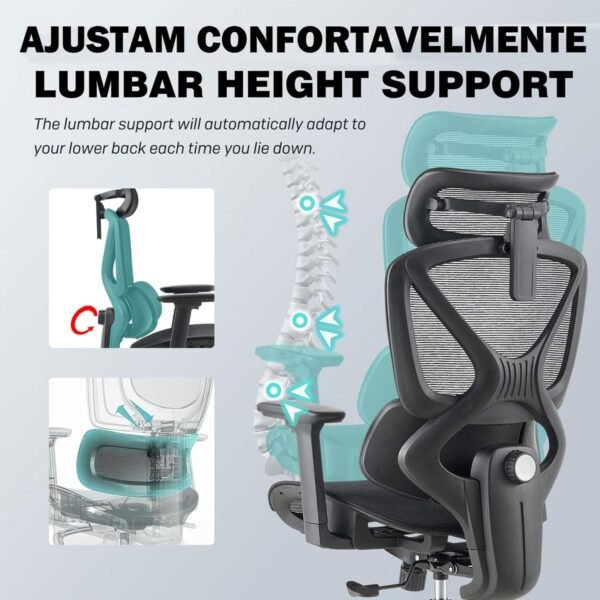 Cadeira Ergonômica com Suporte Lombar Adaptativo Apoio de Cabeça e Braços Ajustáveis Reclinável 135° Malha Respirável - Imagem 5