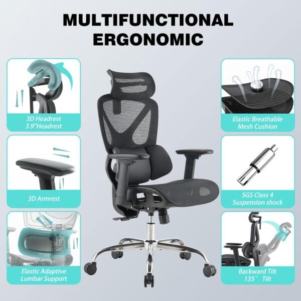 Cadeira Ergonômica com Suporte Lombar Adaptativo Apoio de Cabeça e Braços Ajustáveis Reclinável 135° Malha Respirável - Imagem 6