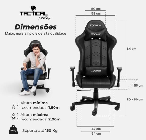 MAX RACER - Cadeira Gamer Aggressive - Cadeira Ergonômica para Jogos, Poltronas Gamer de Aço - Até 150kg, Braços 1D, Tecido Sintético PVC, Inclinação 180°, Almofada Cervical e Lombar- Preta - Imagem 3