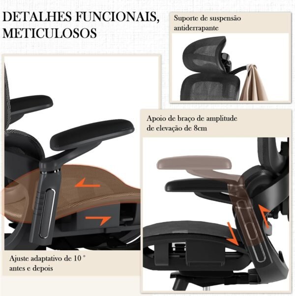 Cadeira de Ergonômica Escritório, Encosto e Assento Ajustáveis, Encosto Lombar Ajustável Cinco Níveis, Apoio de Braço Robótico 8D, Almofada 3D, 135° Reclinável Cadeira Game, Preto - Imagem 7