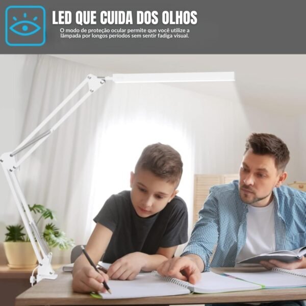 Luminária de Mesa LED com Braço Articulado e Clamp | 3 Modos de Iluminação | Regulagem de Altura e Direção | Luminaria de Mesa Escritório, Quarto, Home Office e Estudo | Luminária (Branco) - Imagem 3