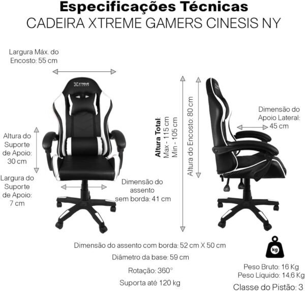 Cadeira Xtreme Gamers Cinesis Giratória Reclinável Altura Ajustável Preta e Branca - Imagem 3