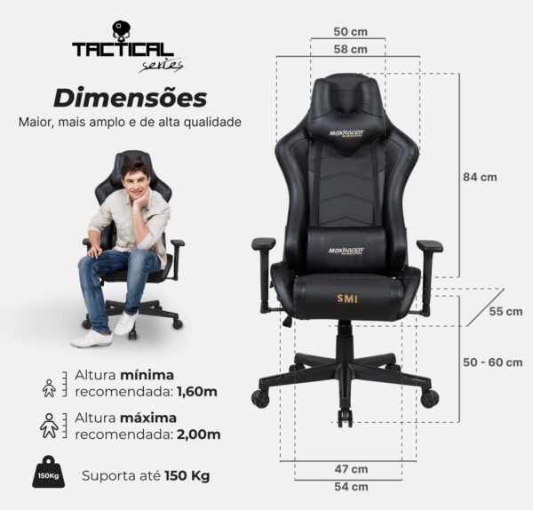 MAX RACER - Cadeira Gamer Massageadora Tactical-SMI - Poltronas Gamer de Aço, Cadeira Ergonômica - 8 Pontos de Massagem, Braços 3D, Tecido Sintético P.U, Suporta 150kg, Inclinação 180° - Preta - Imagem 3