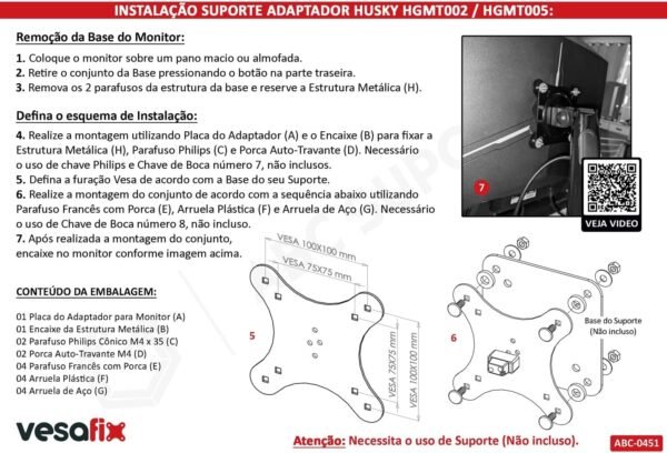VESAFIX, Adaptador Vesa Monitor HUSKY HAILSTORM/TEMPEST HGMT002 HGMT005 Sem Furação Vesa - Imagem 5
