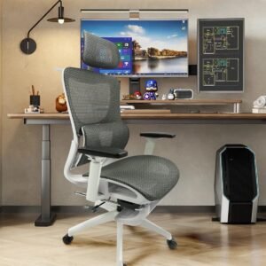 Cadeira de escritório, design ergonômico com suporte lombar independente, malha respirável mesh, encosto de cabeça ajustável, apoio de pés 150kg BlidShop Branca e Preta