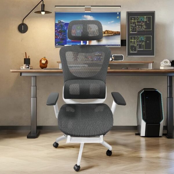 Cadeira de escritório, design ergonômico com suporte lombar independente, malha respirável mesh, encosto de cabeça ajustável, apoio de pés 150kg BlidShop Branca e Preta - Imagem 3