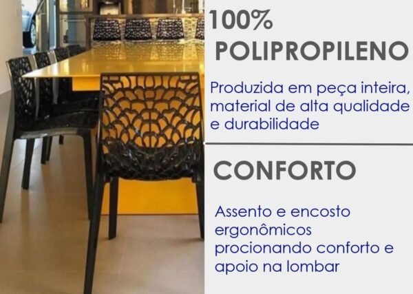 Kit 2 Cadeiras Gruvyer Preta Design Coral Feita em PP Empilhável Restaurante Hotel Recepção - Imagem 4